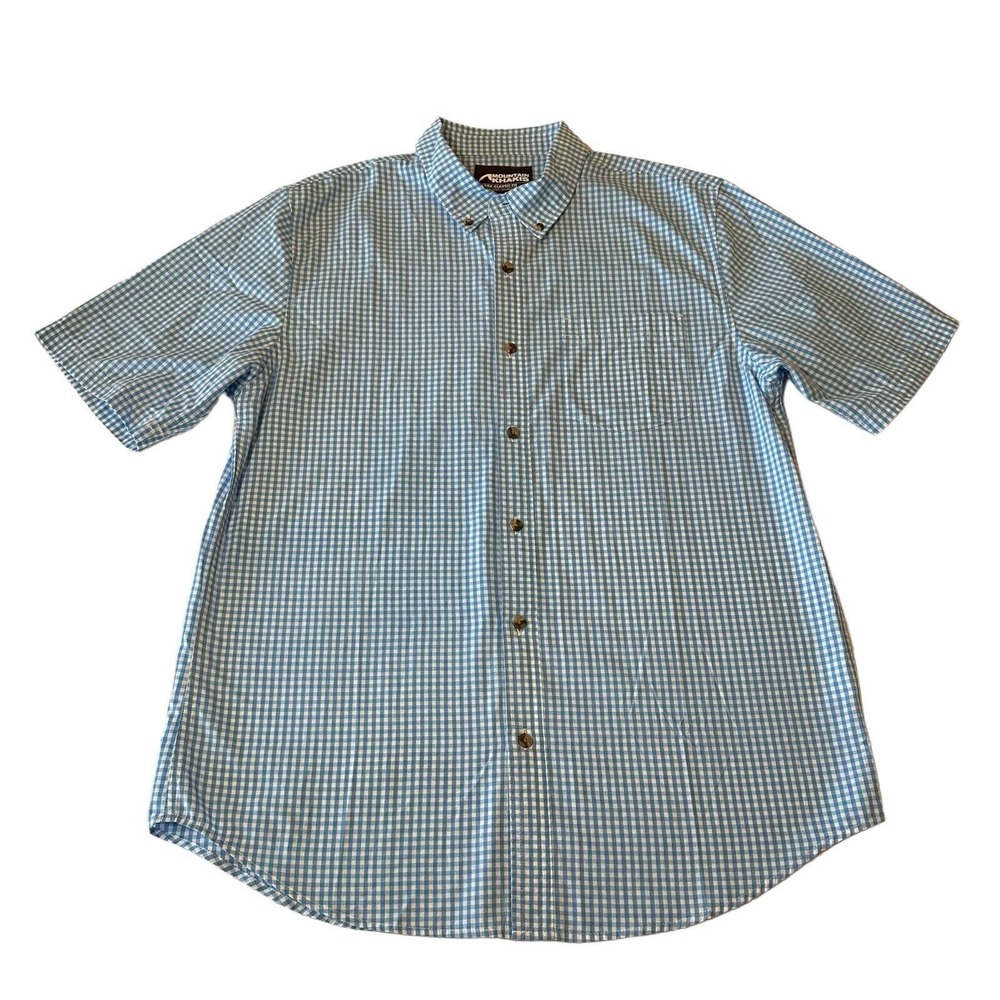 Mountain Khakis Shirt Mens Large Aqua White Checkered Cain Short Sleeve Button‎